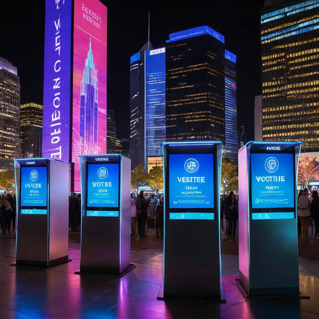 A futuristic voting booth featuring a sleek digital interface, surrounded by diverse citizens engaged in the voting process. The backdrop showcases a city skyline illuminated with digital screens displaying messages about democracy and technology. Include elements like holographic displays and secure voting symbols to emphasize innovation. The scene should feel hopeful and vibrant, capturing the essence of a technologically advanced society. super-realistic. vibrant colors. 3D.