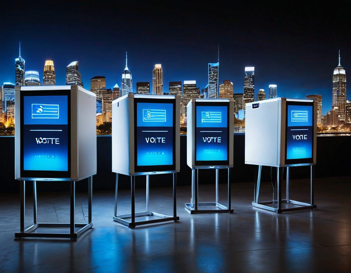 A futuristic voting booth featuring advanced electronic ballots, with glowing screens displaying diverse voters casting their votes securely online. In the background, a skyline of a modern city symbolizes progress and innovation. The scene is filled with vibrant colors, showcasing engaged citizens and symbolic elements of democracy like ballots and voting boxes. super-realistic. vibrant colors. high-tech atmosphere.